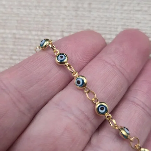 7.5 Inch Gold Over Sterling Silver Evil Eye Nazar Chain Bracelet A7304 - Picture 4 of 7